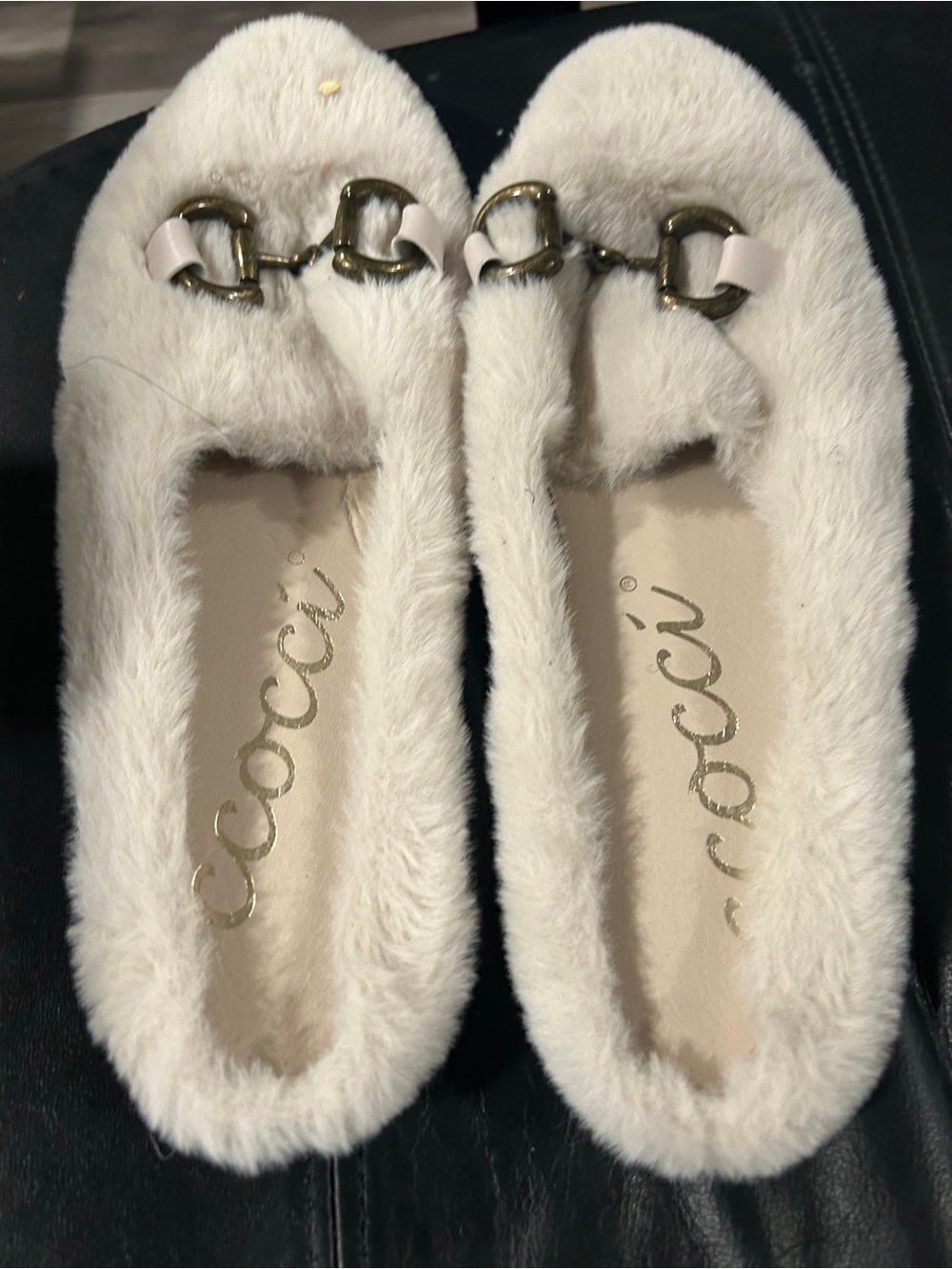 CCOCCI Cream Faux-Fur Loafers with Gold Horsebit